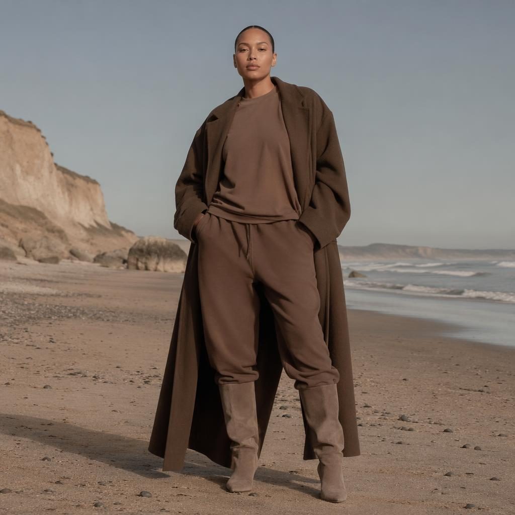 Editorial fashion model in a yeezy season 6 lookbook-inspired outfit on a beach with warm earth tones and confident pose