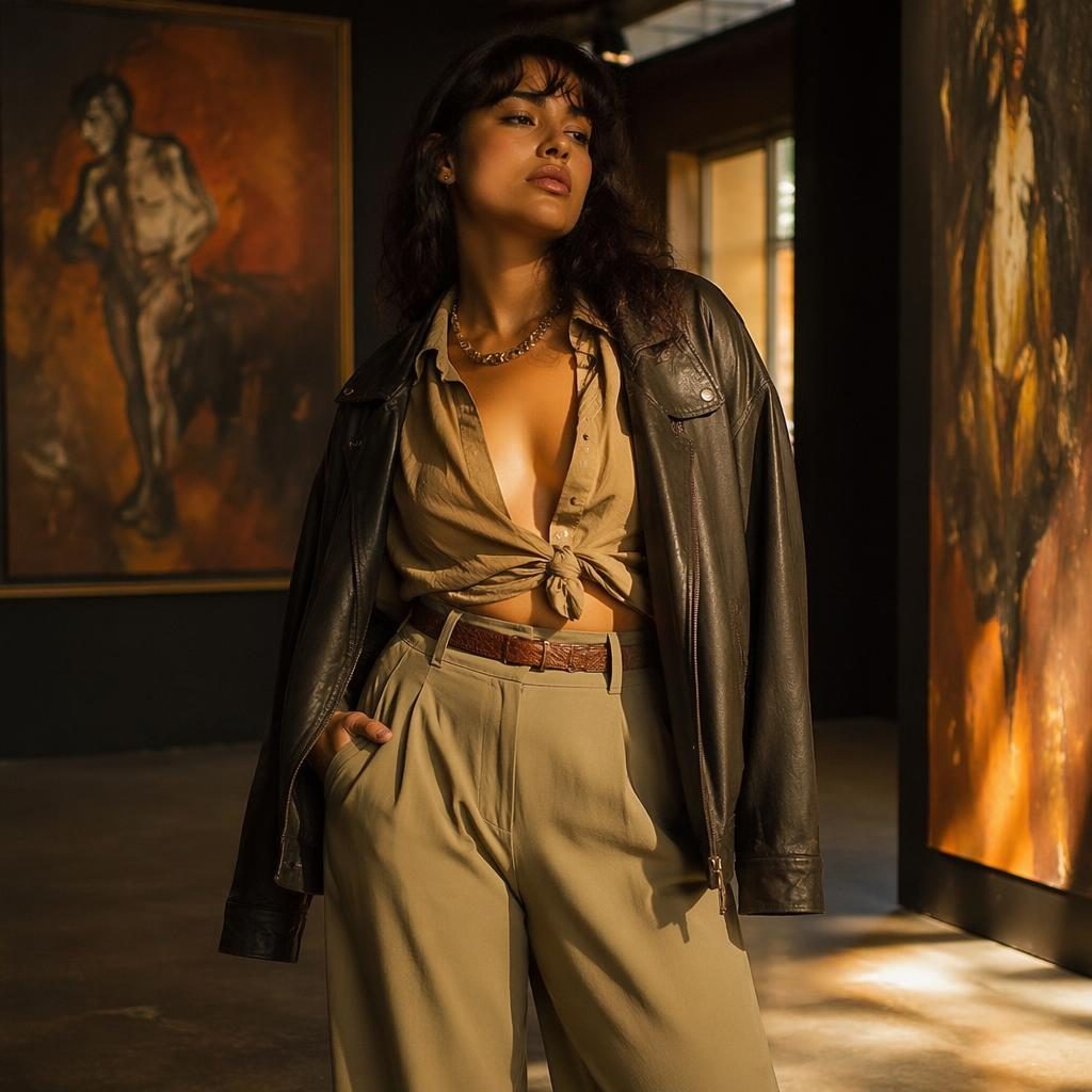Editorial fashion model in a grunge edgy lookbook pose inside an art gallery, lit by warm sunset tones.
