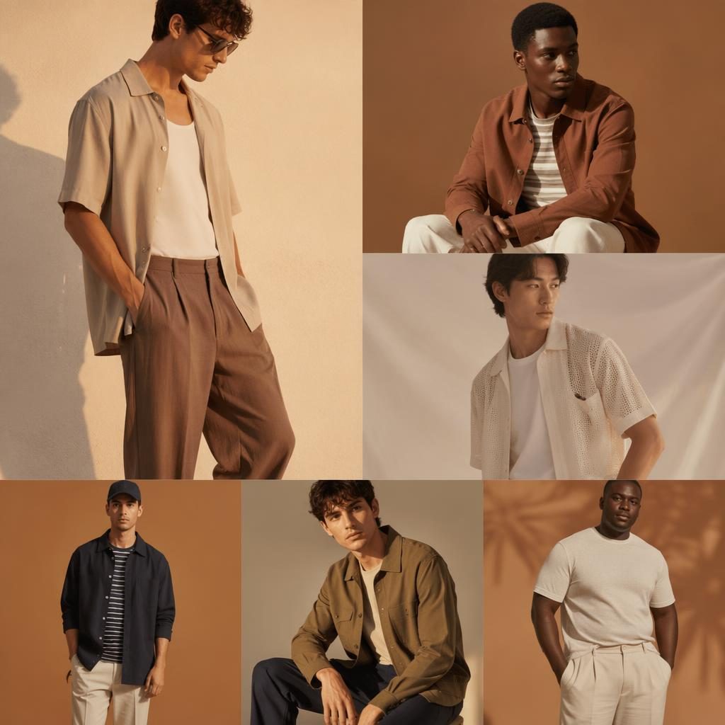 Model in a studio wearing a y2k-inspired menswear look with warm sunset lighting and a quiet editorial mood