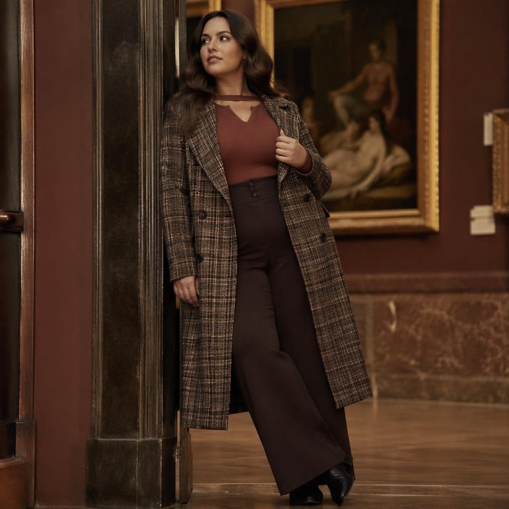 Plus-size model in a dark academia outfit posing naturally in a warm-toned art gallery with editorial lighting