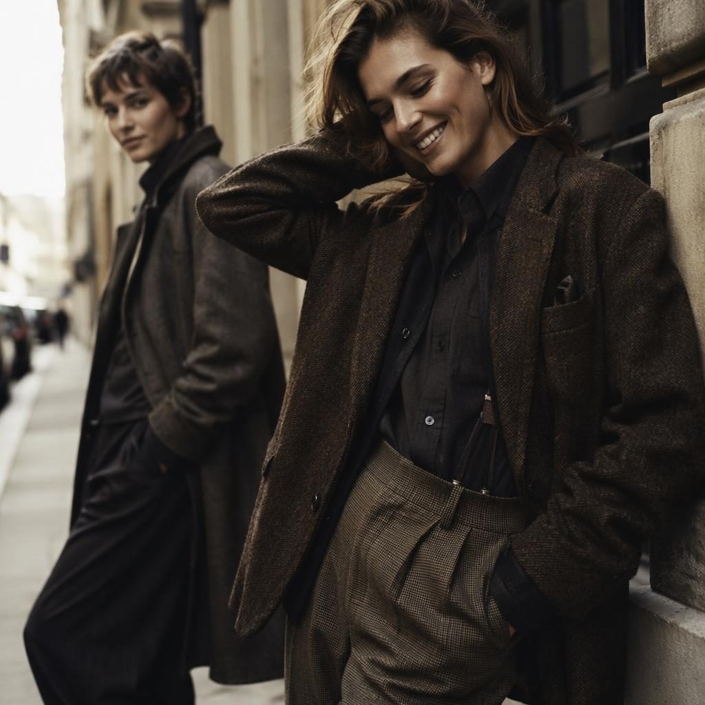 Editorial-Fashionfoto eines Models auf urbaner Straße im Dark-Academia-Stil mit warmen Erdtönen und natürlicher Pose