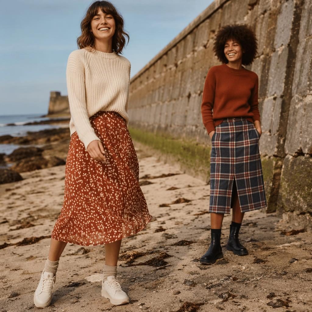 Modèle en jupe style Damart sur une plage, lookbook streetwear urbain aux tons rouille d’automne