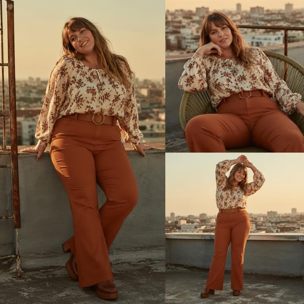 Modèle en tenue ms mode cora sur un rooftop urbain, style vintage années 70, pose naturelle au coucher du soleil