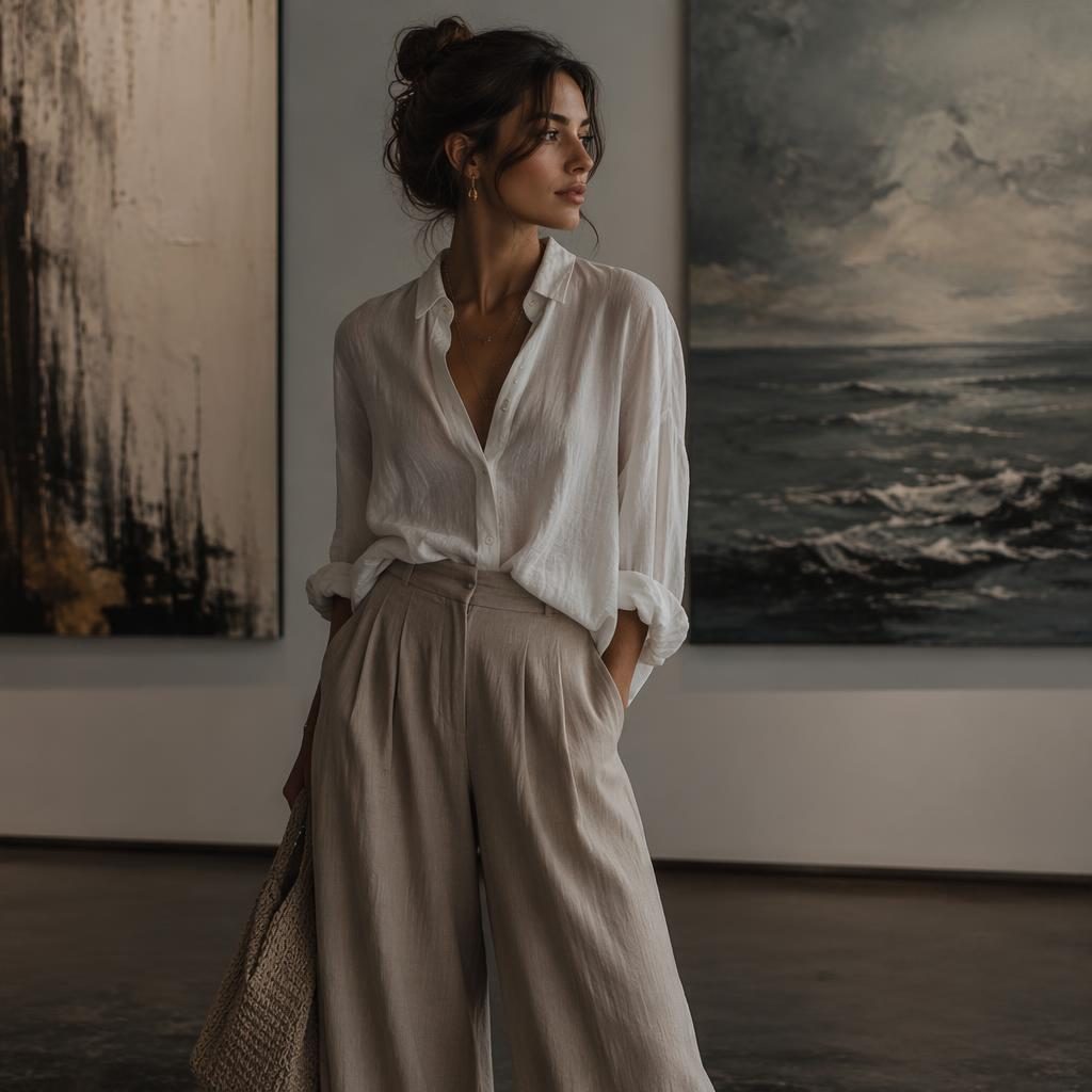 Editorial fashion model in muted neutral outfit posing naturally in a dark moody art gallery with magazine-style lighting.