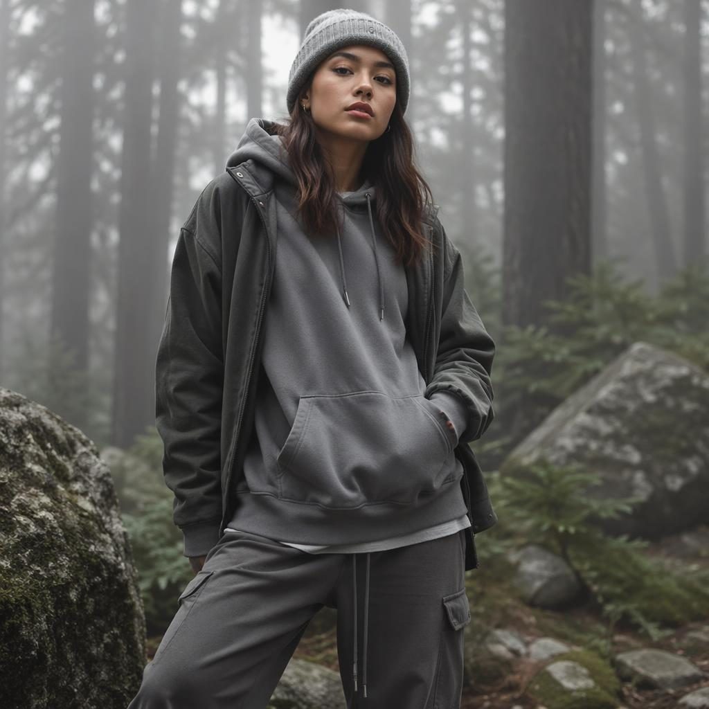 Editorial fashion model in urban streetwear posing naturally in a forest with soft lighting and a cool gray palette.