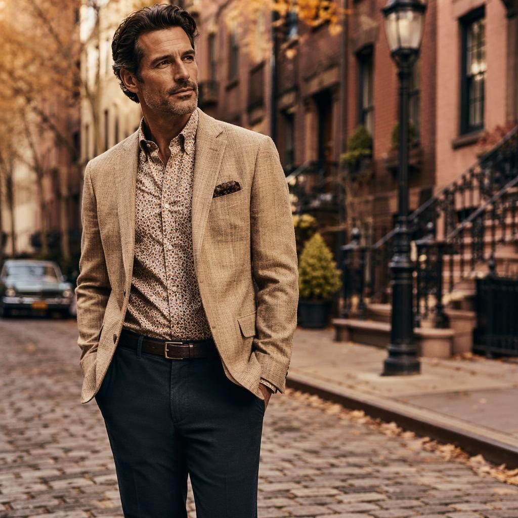 Editorial fashion model in a preppy earth-tone outfit on an urban street, posed naturally with warm magazine lighting.