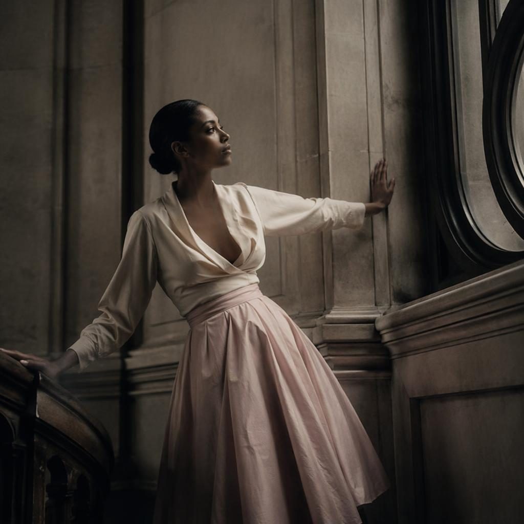 Editorial fashion model in a dark academia outfit inside an architectural building with moody lighting and pastel tones.