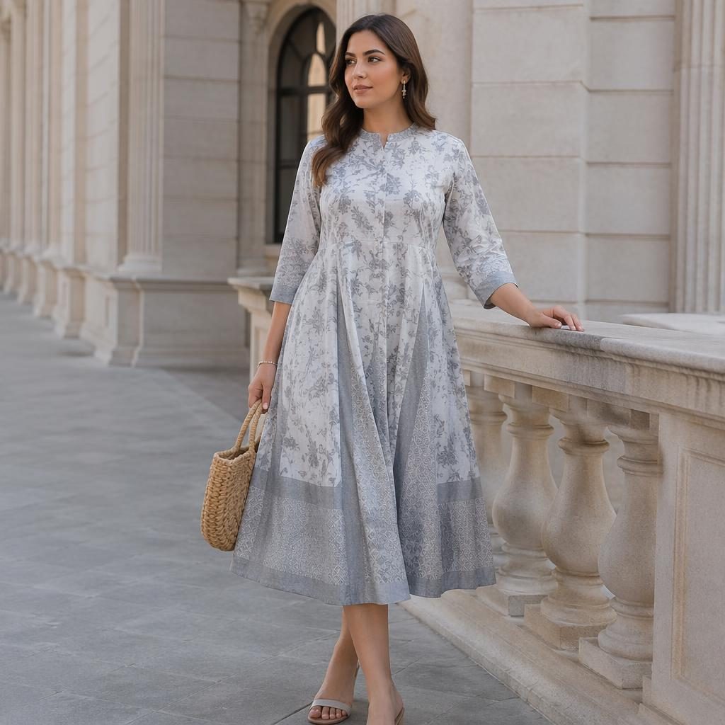 Editorial fashion model in a mittoo dress posing naturally at a modern architectural building in cool gray tones.