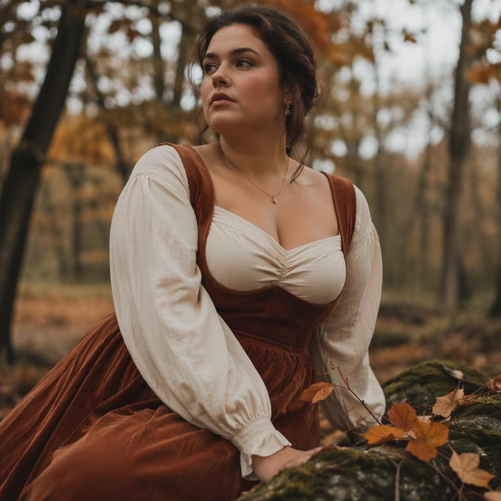 Modelo con look cottagecore en bosque otoñal, pose natural, luz suave y paleta óxido en estilo editorial