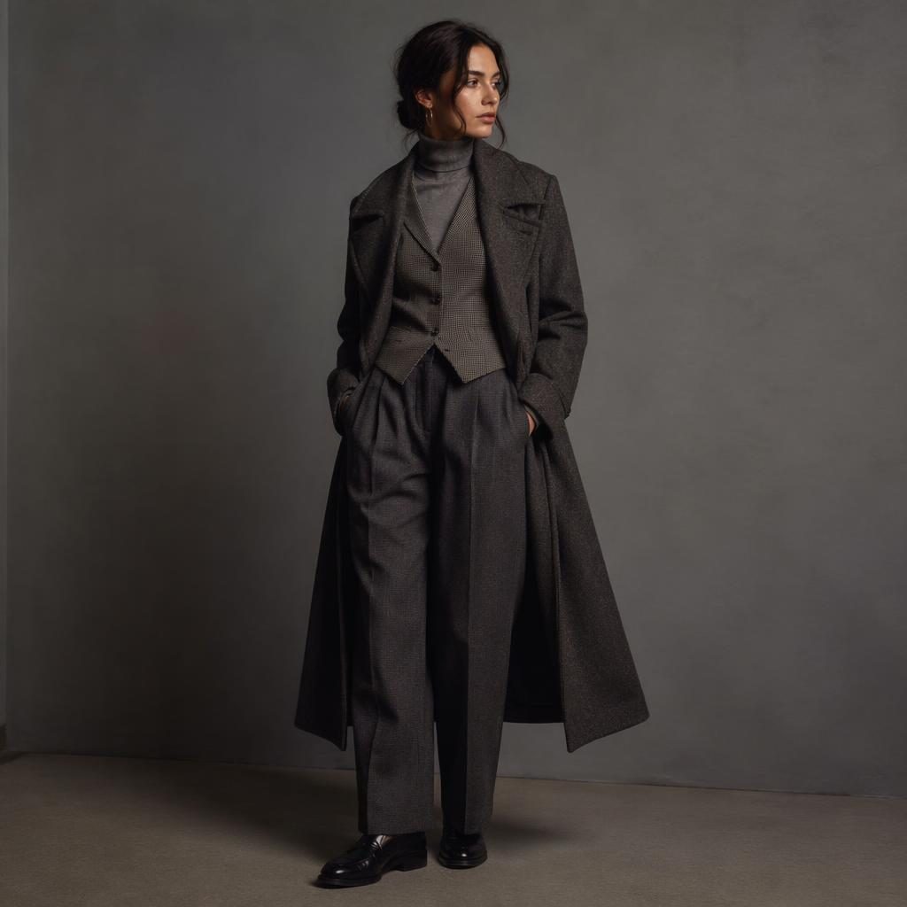 Modèle en pose naturelle dans un studio neutre, lookbook mode dark academia, lumière magazine, tons gris froids.