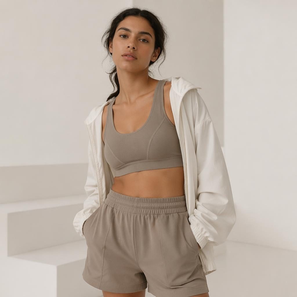 Model in sportlicher Mode in einem minimalistischen weißen Raum, natürliche Pose, ruhige Stimmung, neutrale Farben