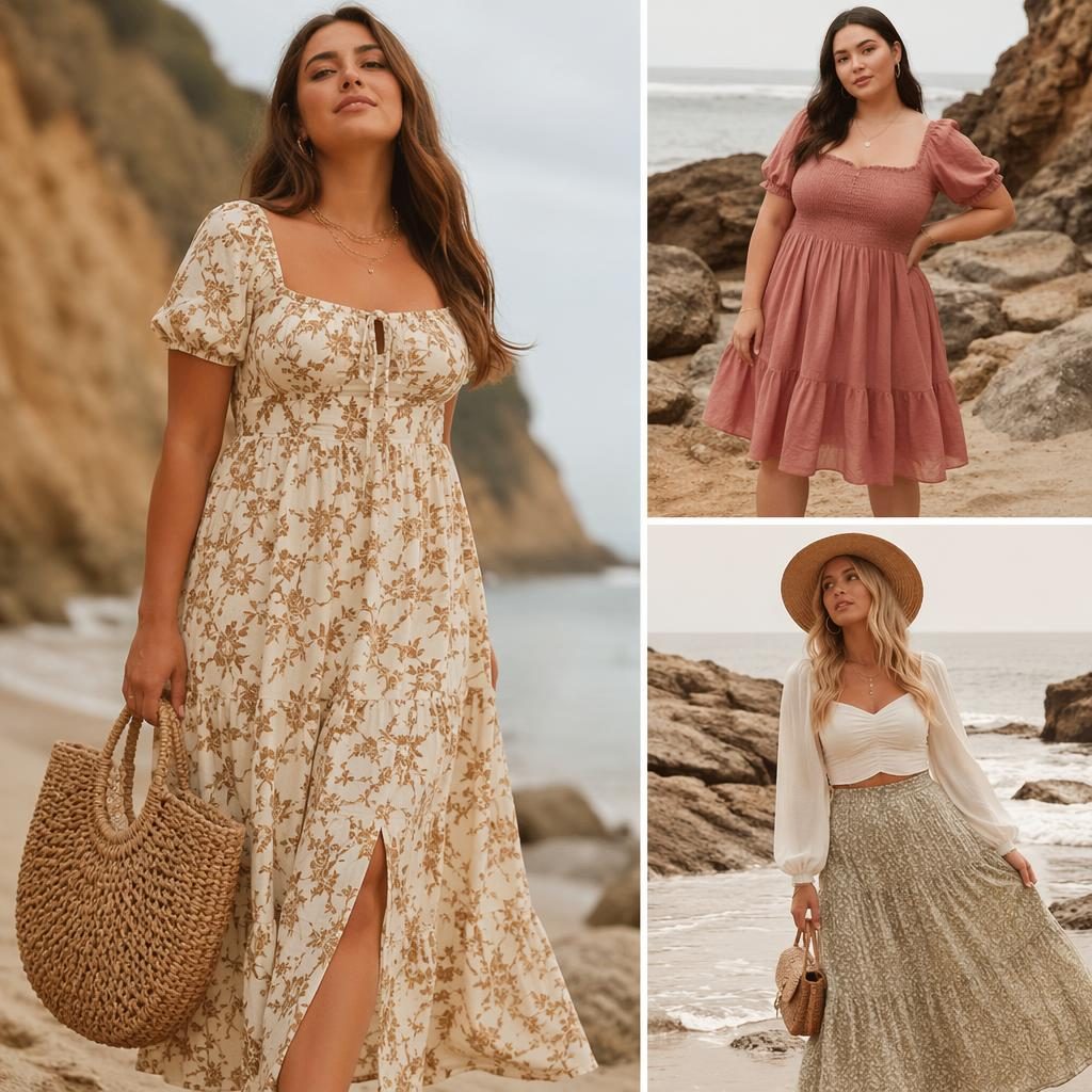 Editorial fashion model on a beach in a cottagecore dress, warm earth tones, bold high-energy pose, magazine lighting