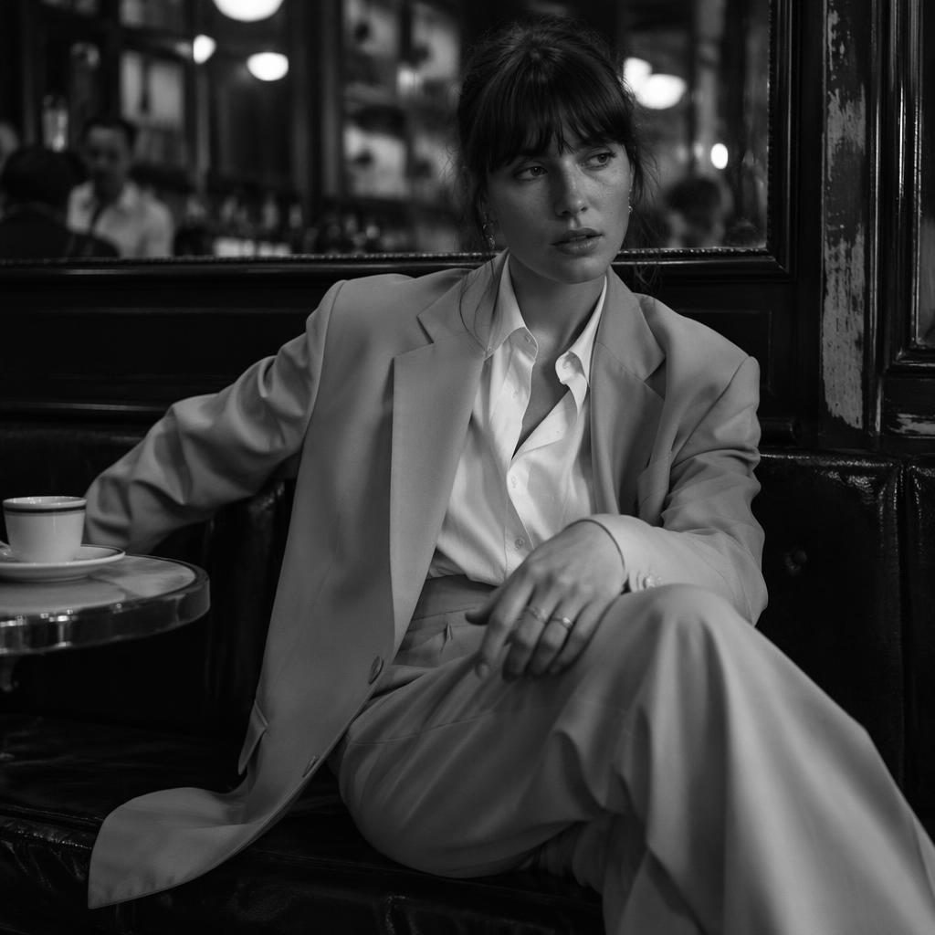 Black and white editorial fashion model in a vintage cafe with a natural pose and quiet, intimate runway mood.