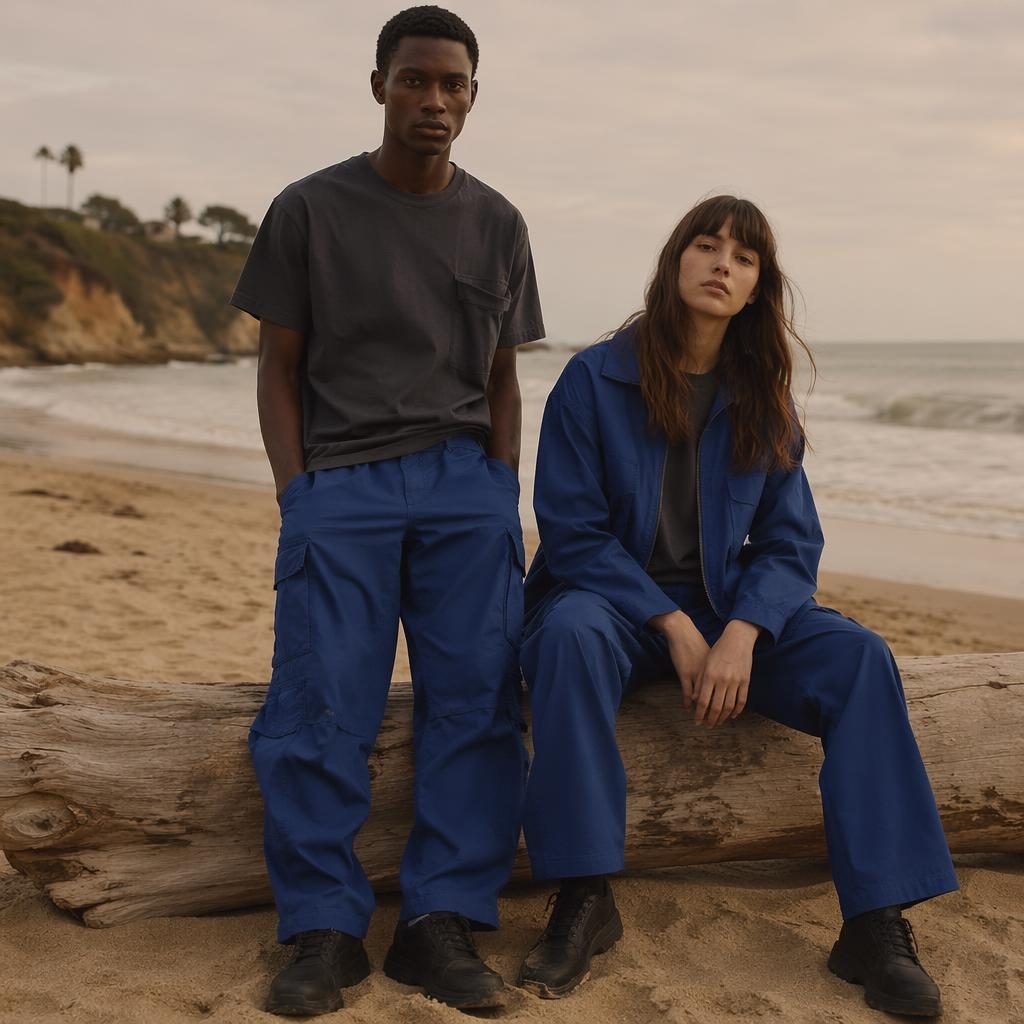 Editorial fashion model in carbon cobalt streetwear on a beach, warm earth tones, soft dreamy light, natural pose.