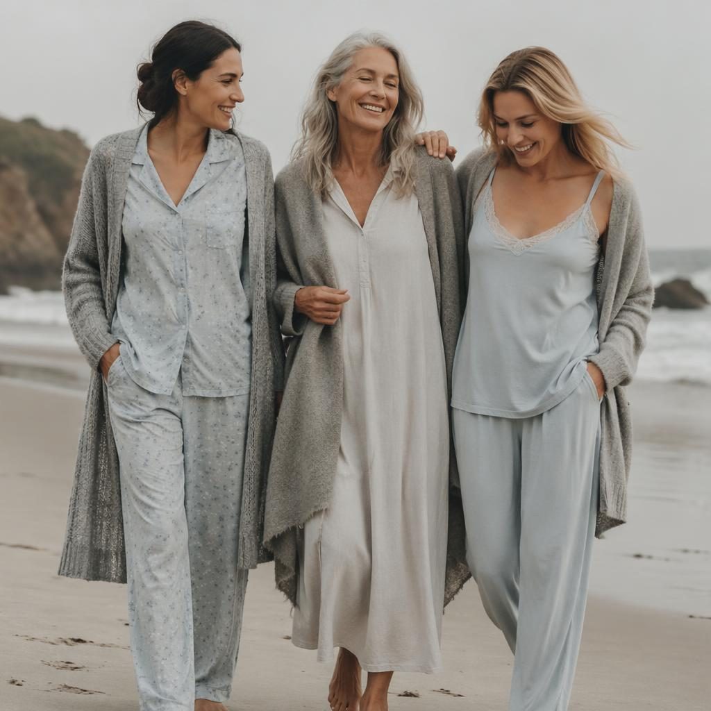 Model in soft sleepwear on a gray-toned beach, playful candid pose with editorial fashion lighting and coastal style.