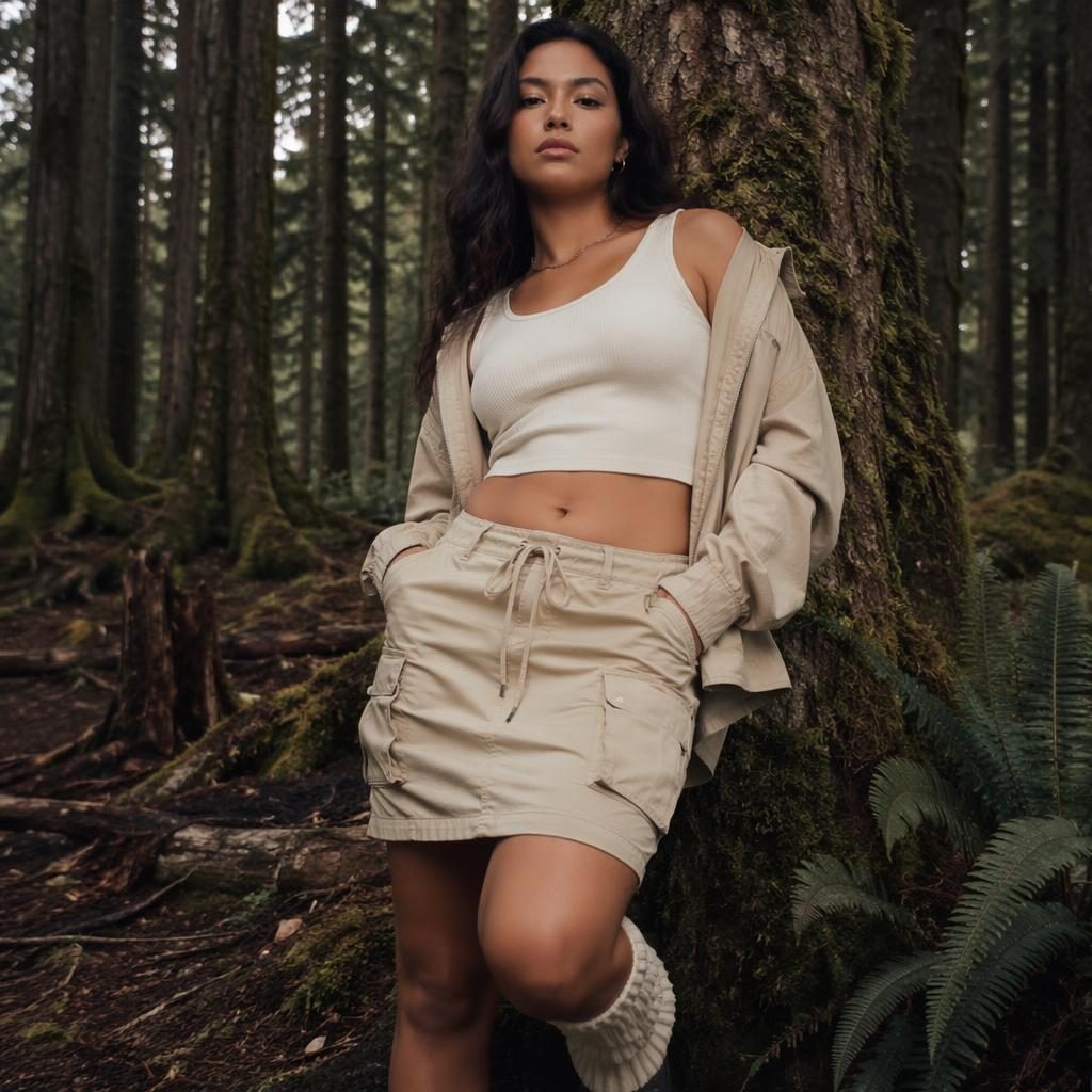 Mode-Lookbook-Foto eines Models im Wald mit Y2K-Revival-Styling, kühlen Posen und gedeckten Naturtönen.