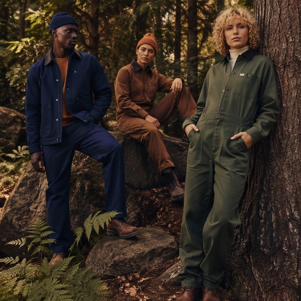 Model in vintage 70s-inspired workwear standing in a forest, styled as a bold high-contrast editorial lookbook photo.