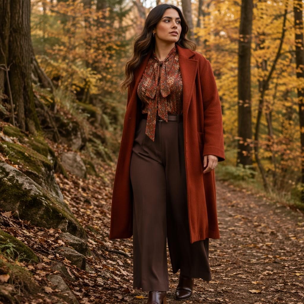 Model in a dark academia autumn outfit posing in a forest with rust tones and bold editorial fashion lighting.