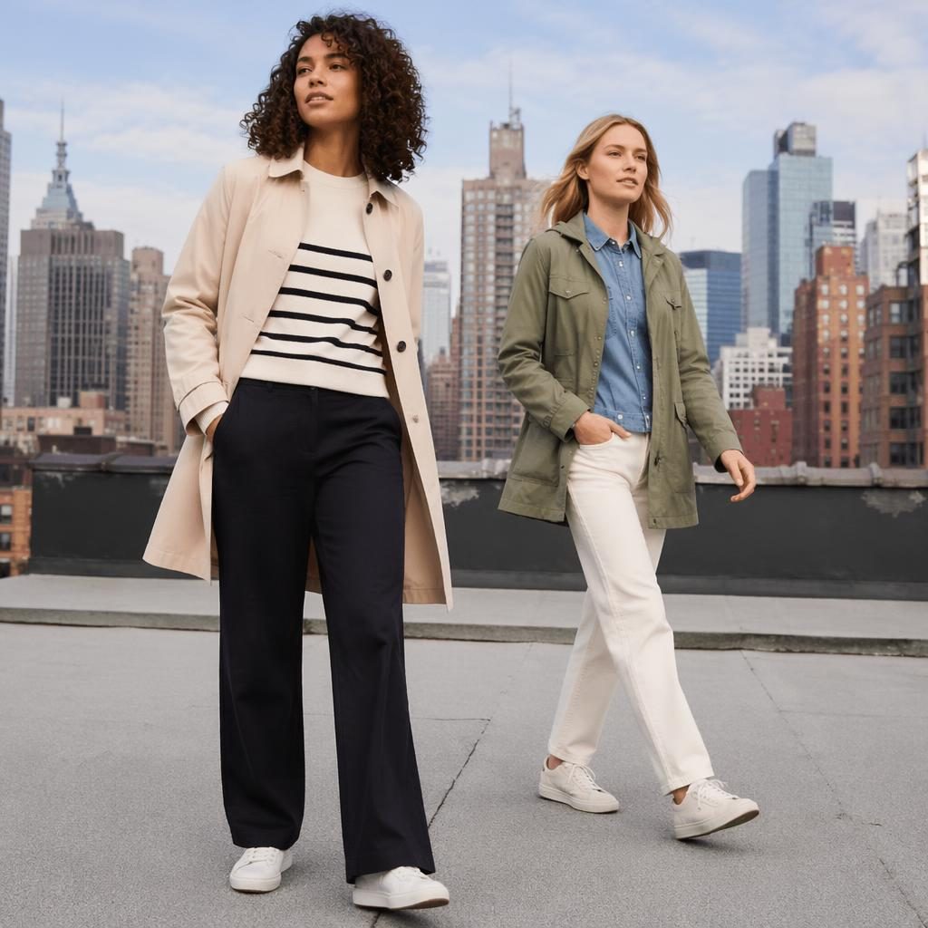 Editorial fashion model in muted neutral streetwear on a city rooftop, posed naturally in bold magazine lighting.