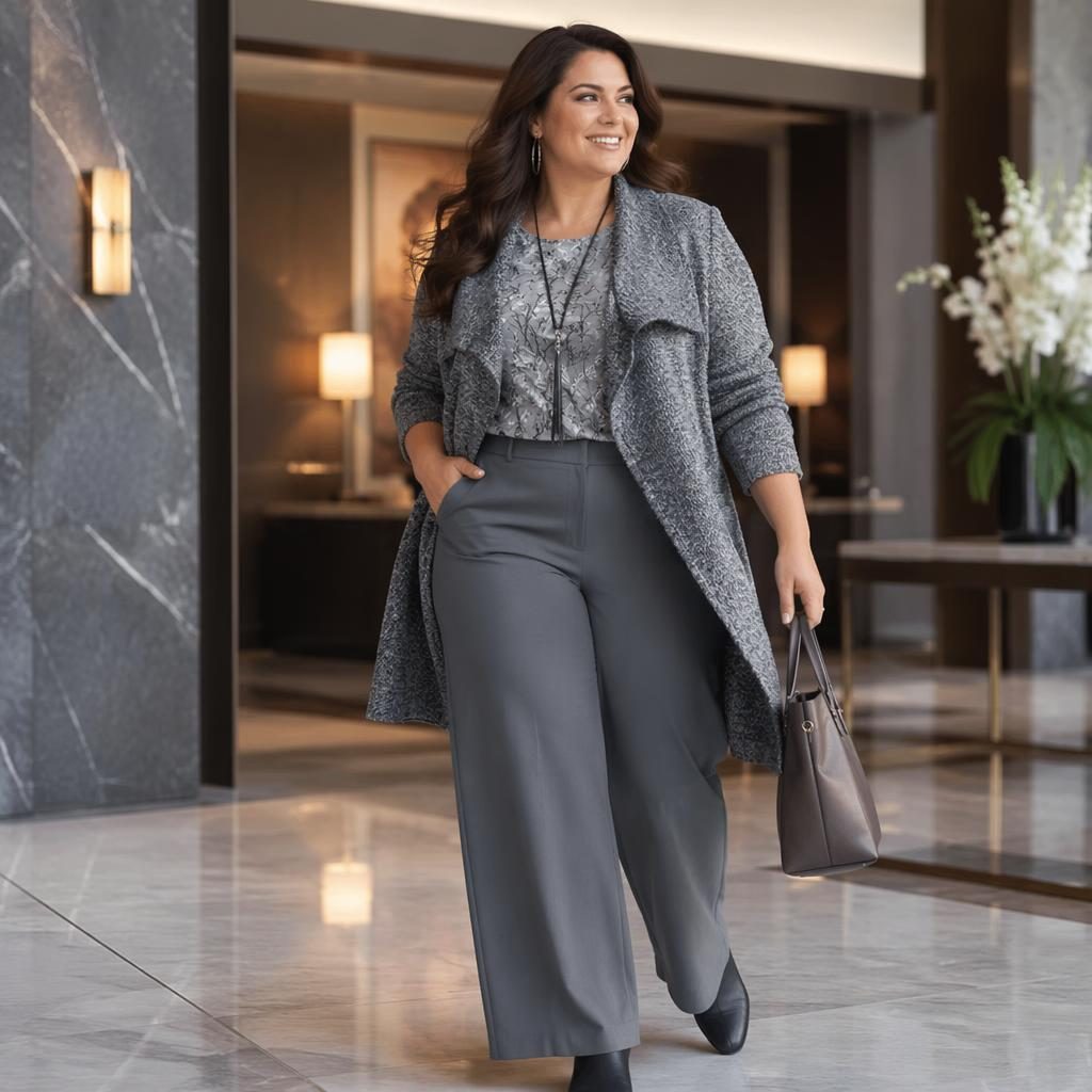 Editorial fashion model in a minimalist fall outfit posing candidly in a cool gray luxury hotel lobby