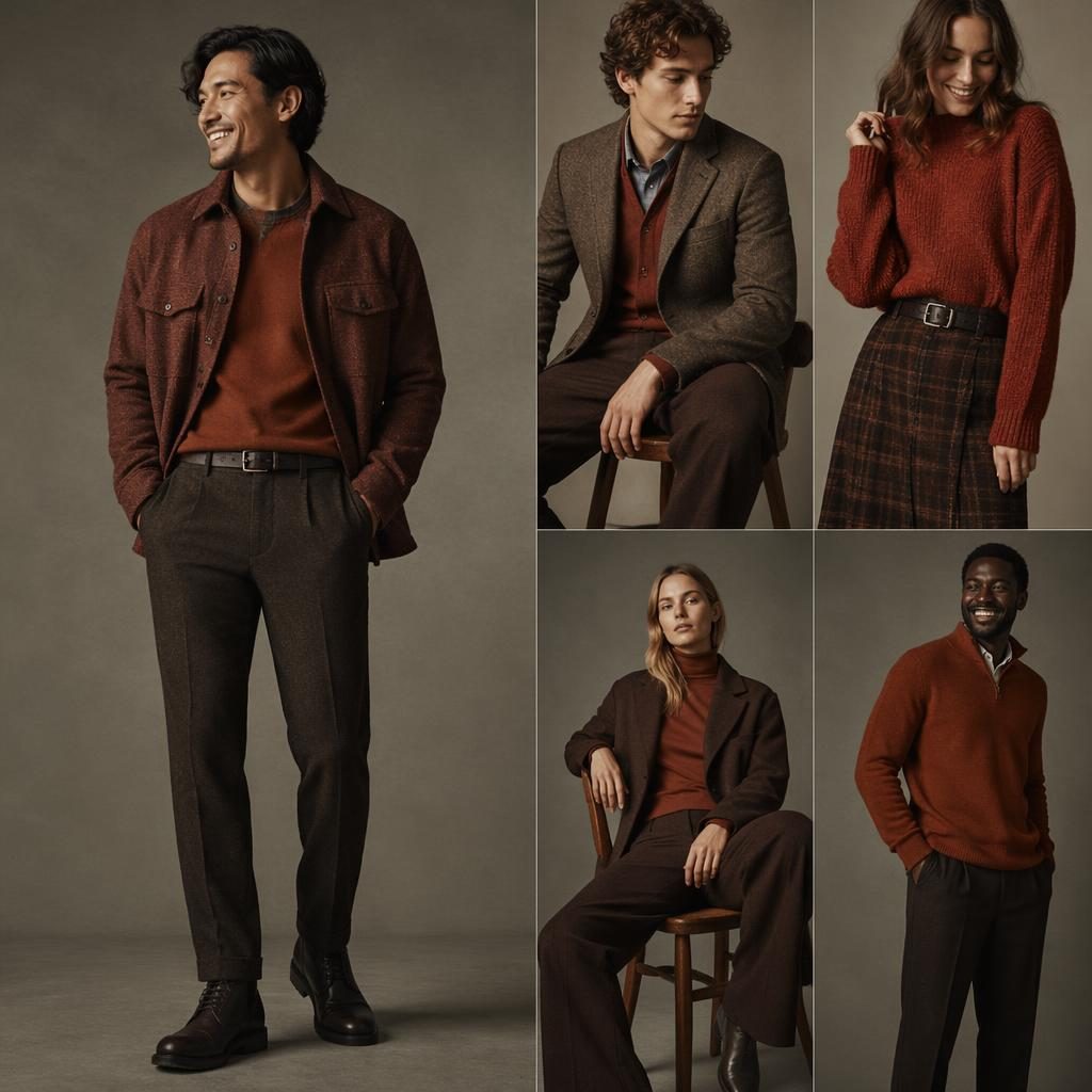 Editorial fashion model in anthony richards clothing catalog styling, neutral studio, rust autumn palette, playful candid pose