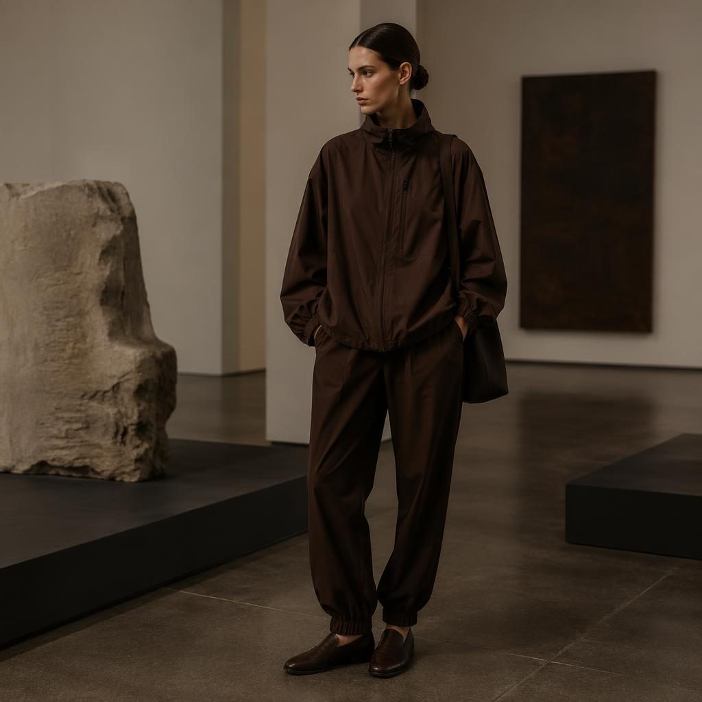 Editorial fashion model in minimalist sportswear standing naturally in a dark moody art gallery with warm earth tones.