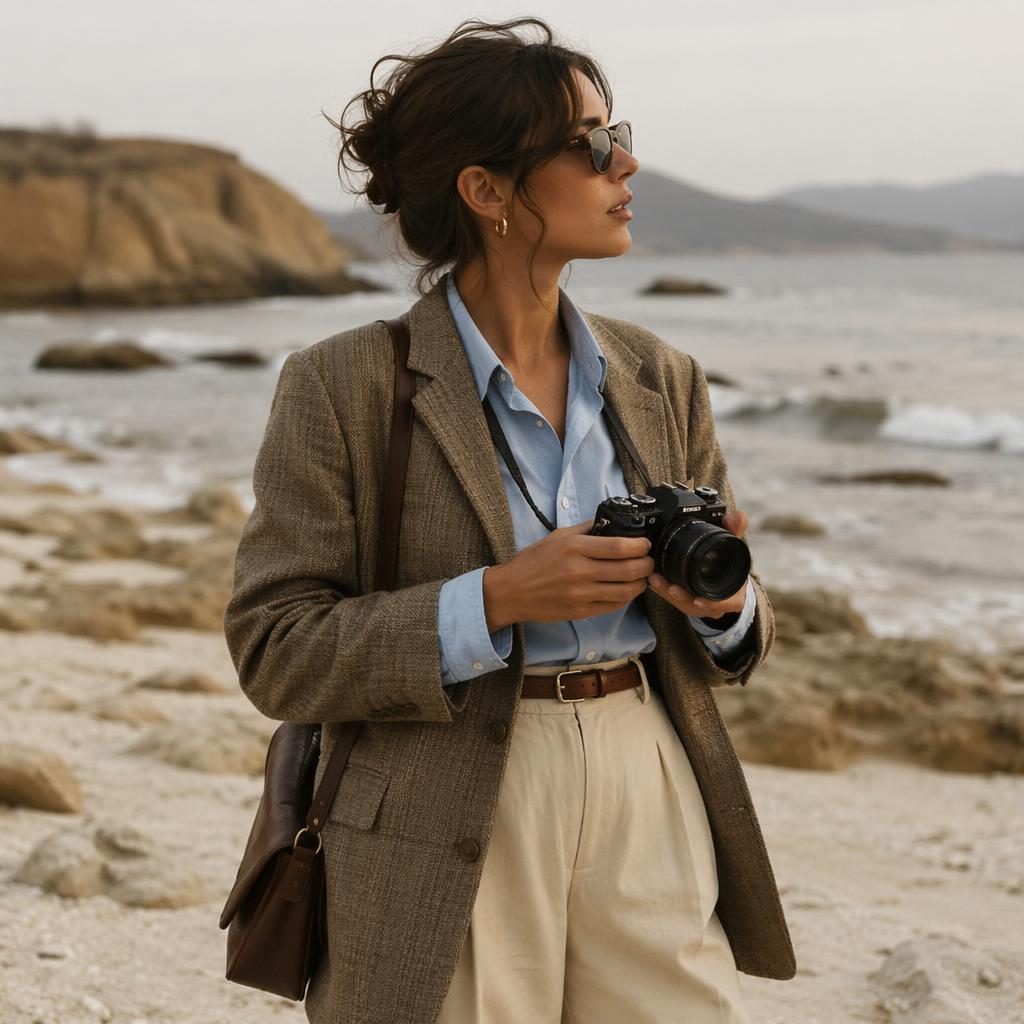 Editorial fashion model in old money preppy attire on a beach, warm earth tones, soft dreamy light, natural pose