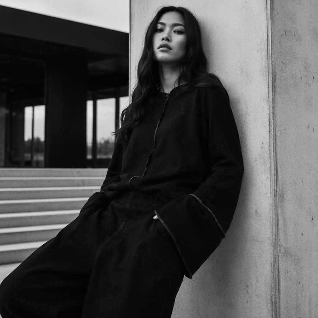 Black and white editorial fashion photo of a model in carol wright women's clothing at an architectural building.