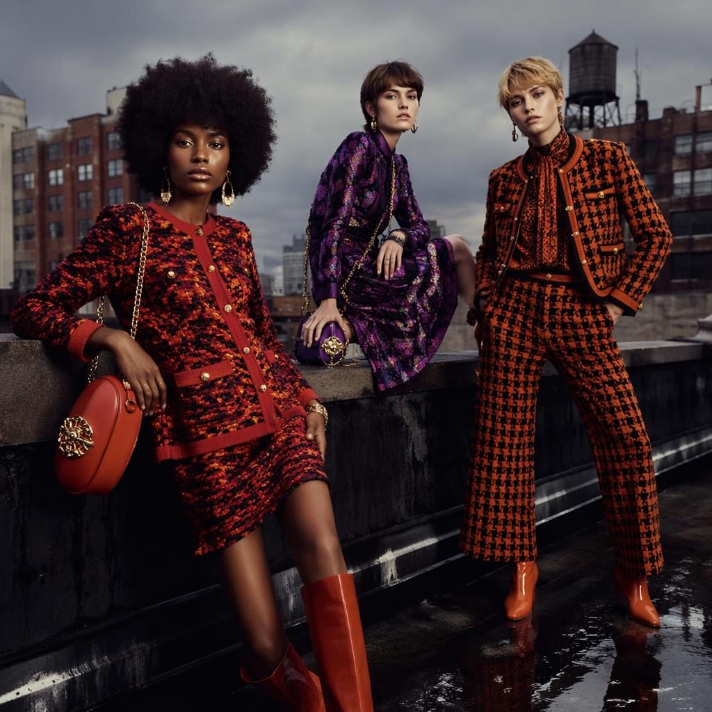 Model in a Moschino-inspired lookbook outfit posing on a city rooftop with dark moody lighting and a bold 70s palette