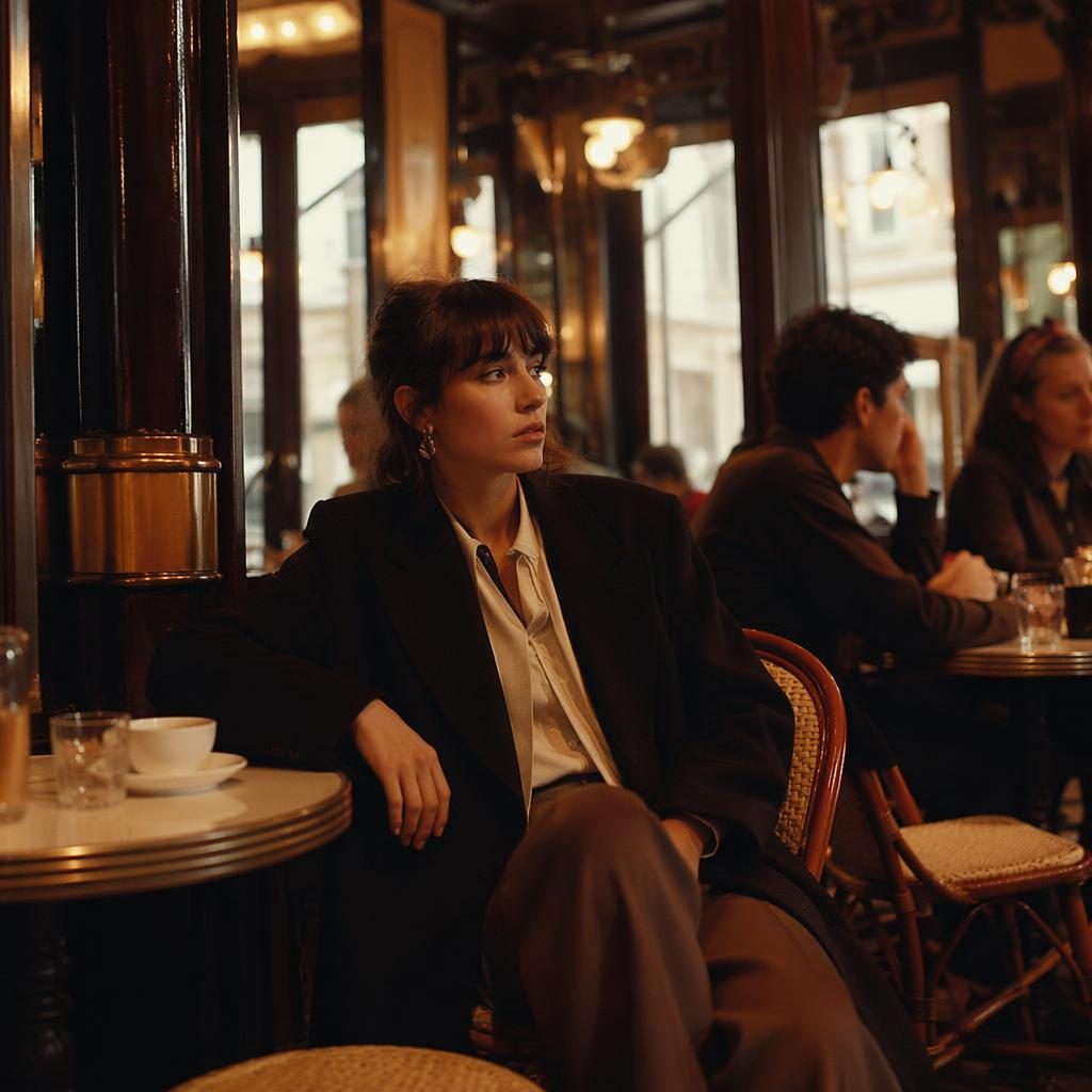Editorial fashion model in dark academia styling posed naturally inside a vintage cafe with warm sunset light.