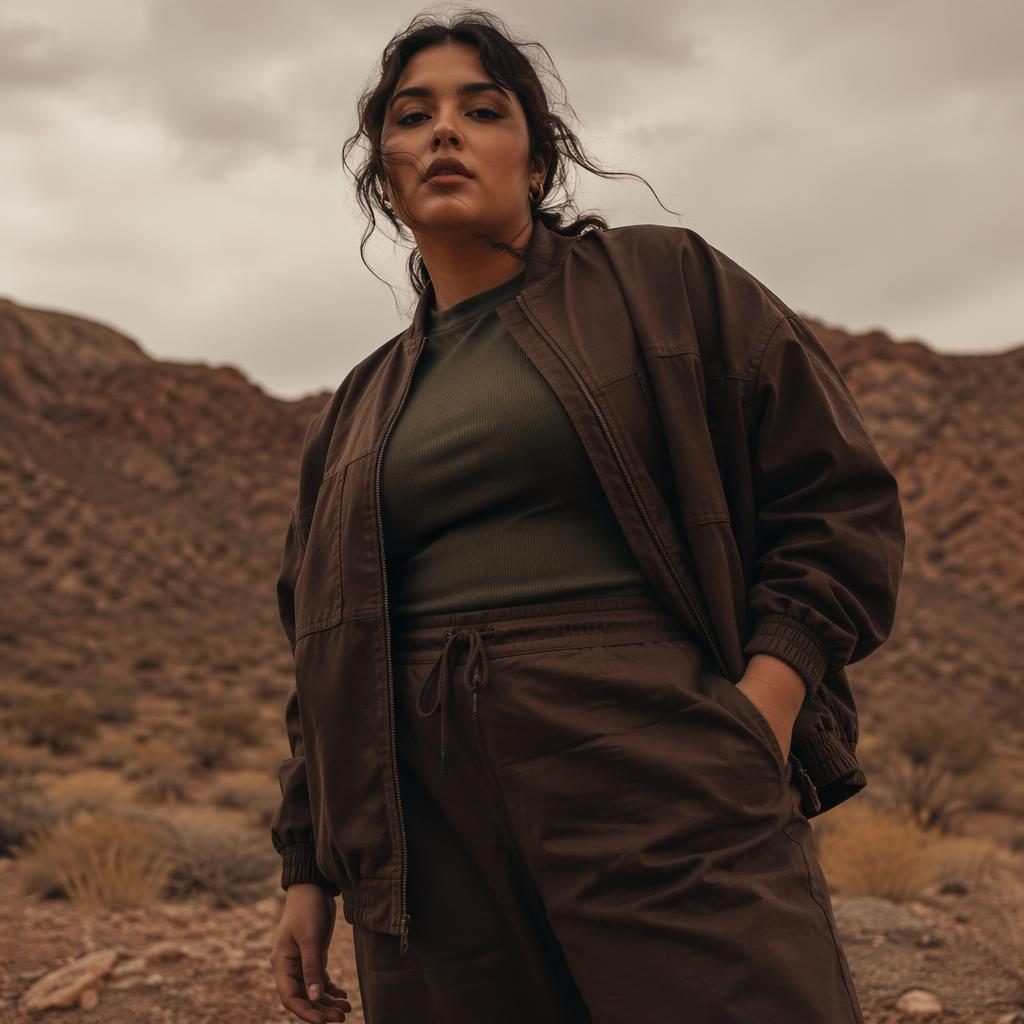 Editorial fashion model in urban streetwear posing naturally in a dark, moody desert scene with warm earth tones