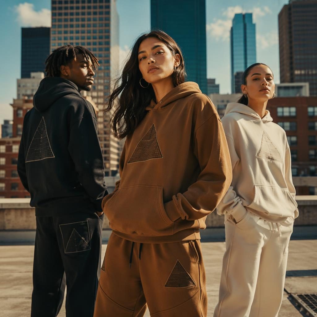 Model in pyramid collection clothing posing on a city rooftop in warm earth-tone streetwear editorial lighting.
