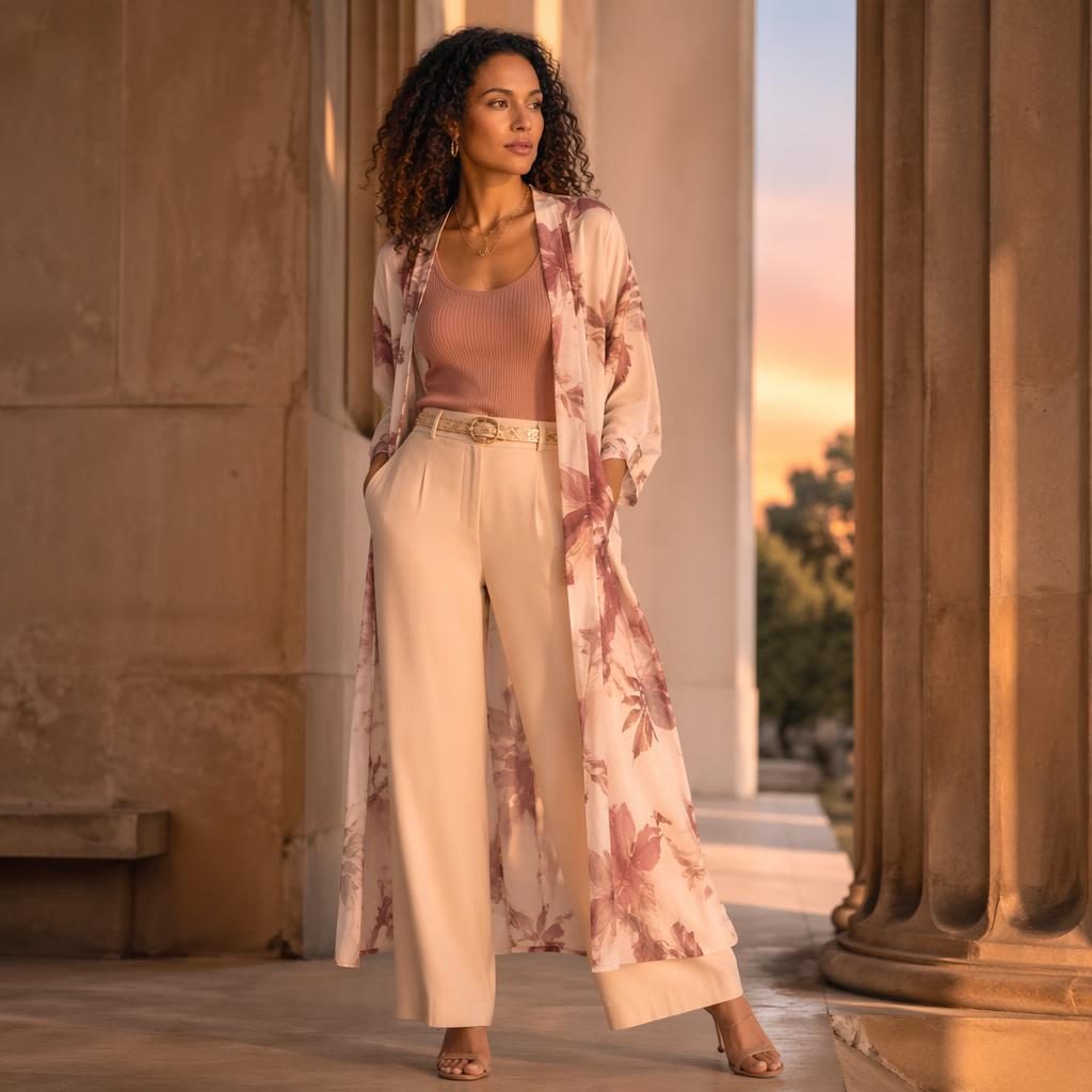 Model in a high-fashion donna salyers catalog lookbook outfit posing by an architectural building in warm sunset light