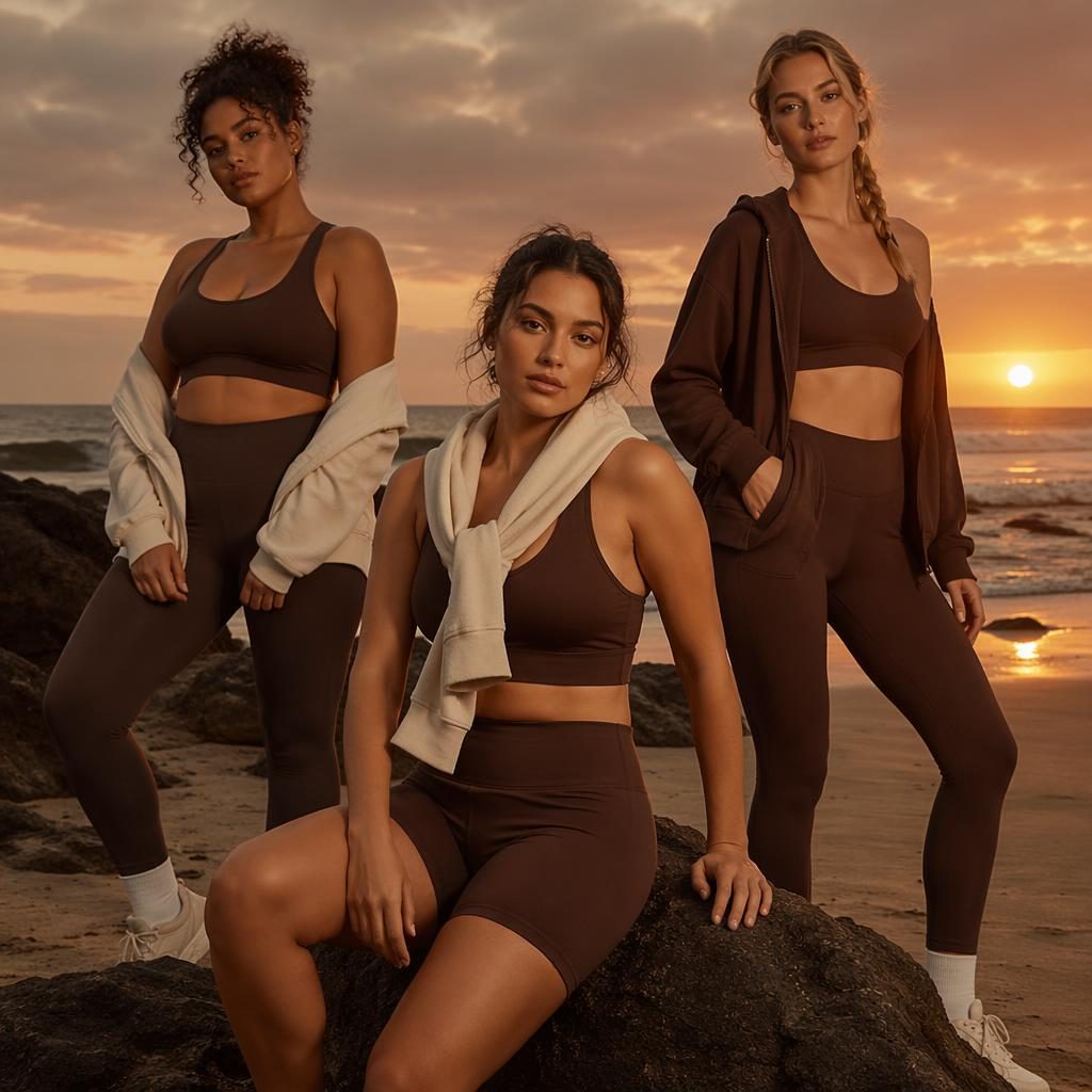 Editorial fashion model in gym wear on a beach at sunset, styled with a dark academia mood and warm moody lighting.