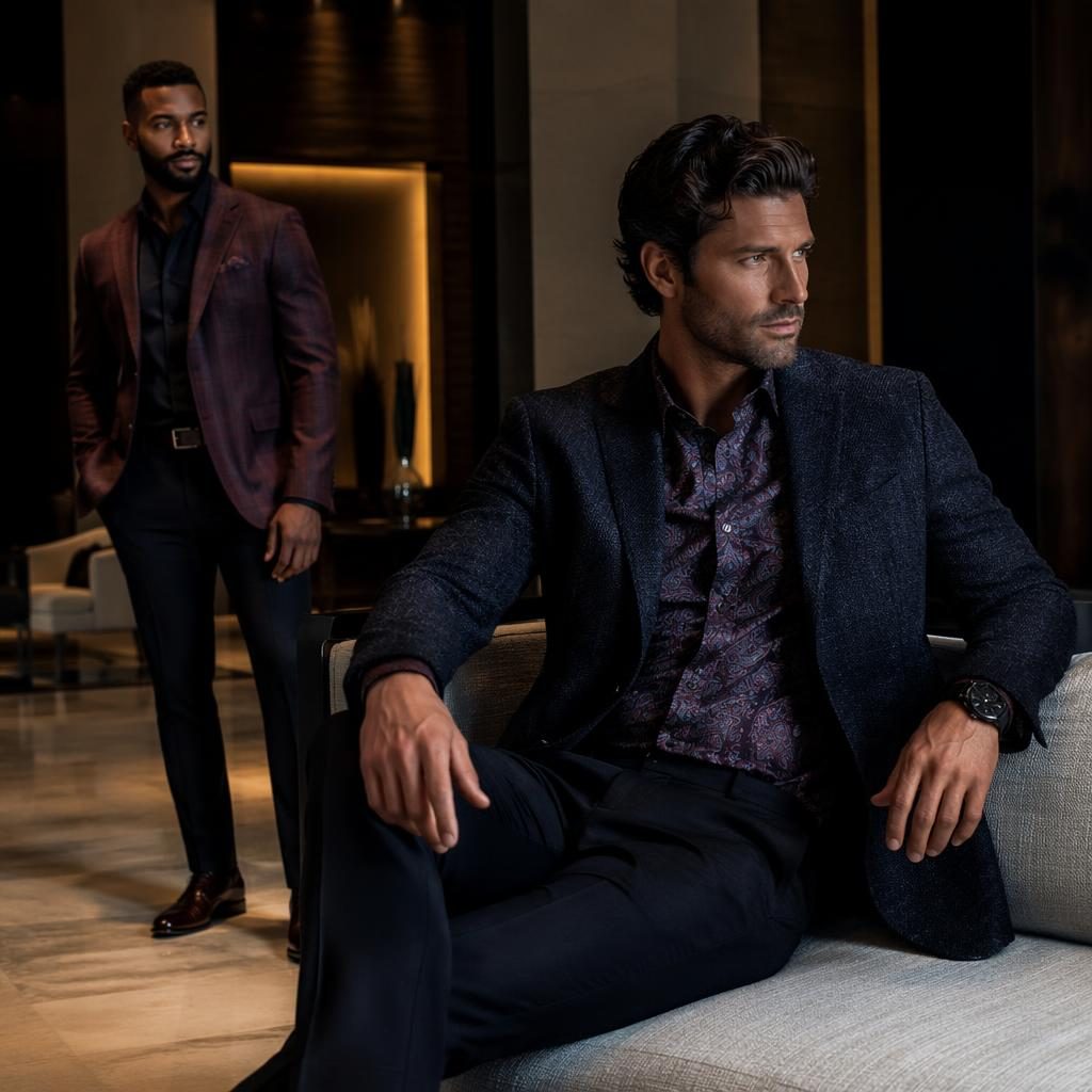Fashion model in a grunge-edgy tailored look standing naturally in a quiet luxury hotel lobby with bold lighting