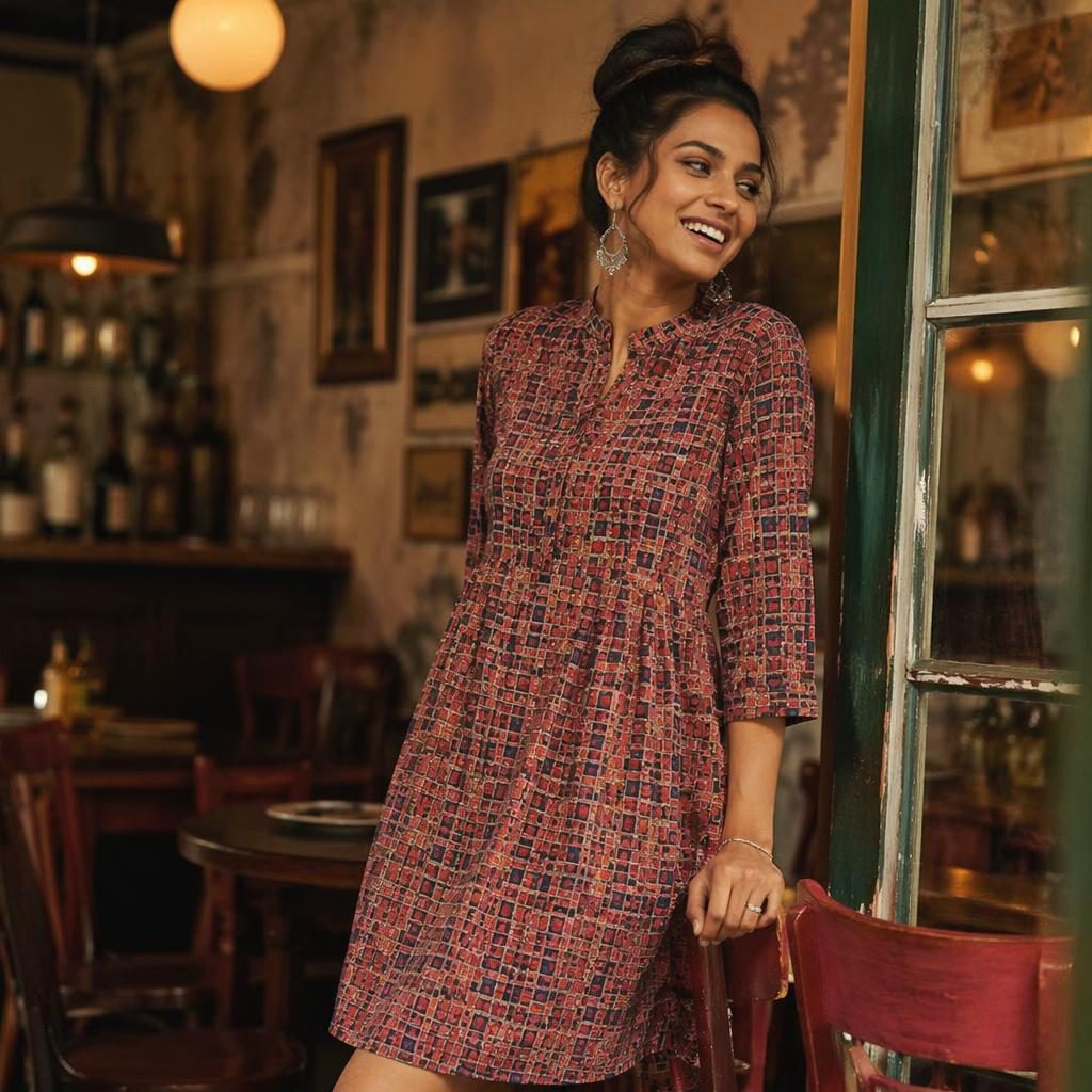 Model in a mittoo dress posing candidly in a vintage cafe with warm sunset light and urban streetwear styling.