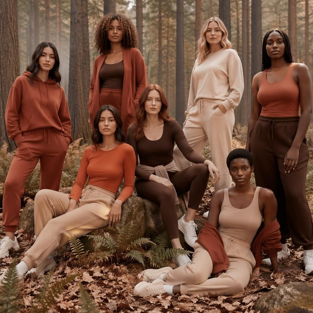 Model in a Hanes Her Way catalog-inspired outfit posing in an autumn forest with futurist styling and luxe lighting.