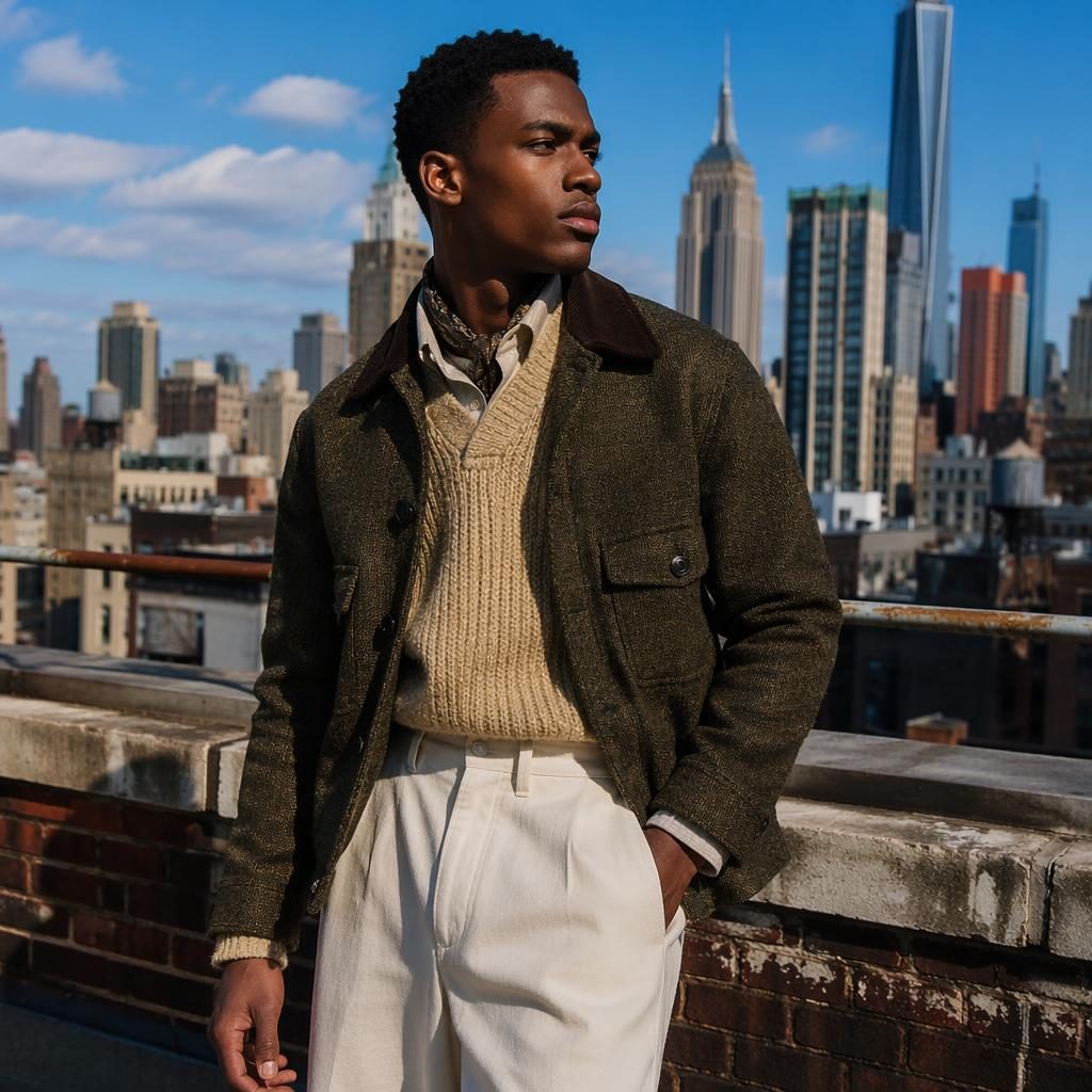 Editorial fashion model in a GQ lookbook outfit on a city rooftop, styled with cottagecore details and bold lighting