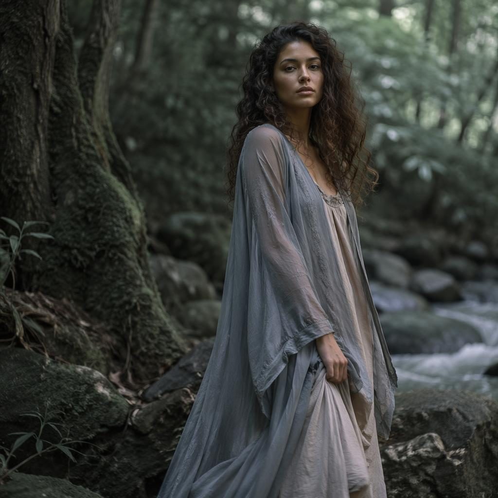 Editorial fashion model in a flowy bohemian outfit posing naturally in a cool gray forest with soft dreamy lighting.