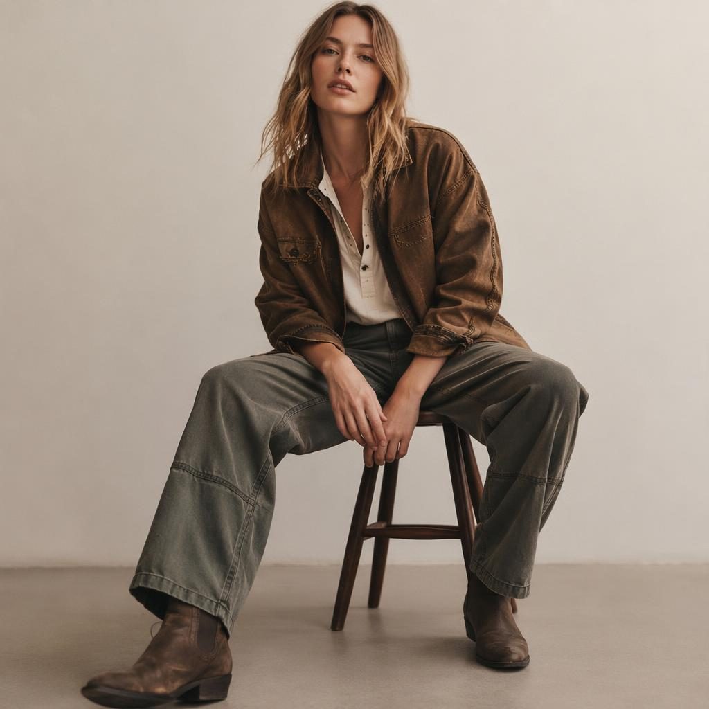 Editorial fashion model in grunge outfit in minimalist white studio, dark moody lighting and warm earth tones