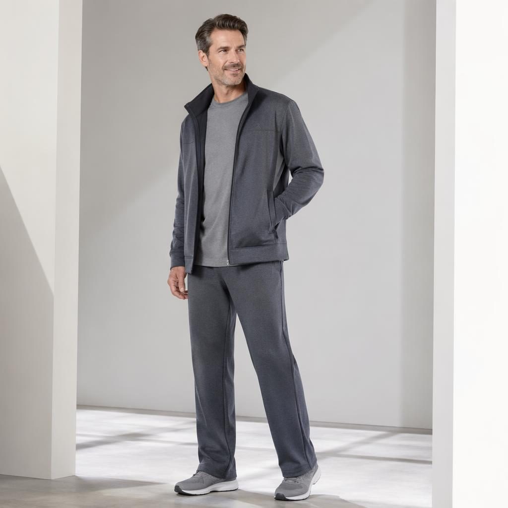 Male model in haband clothing men's sportswear standing in a minimalist white studio with cool gray tones.