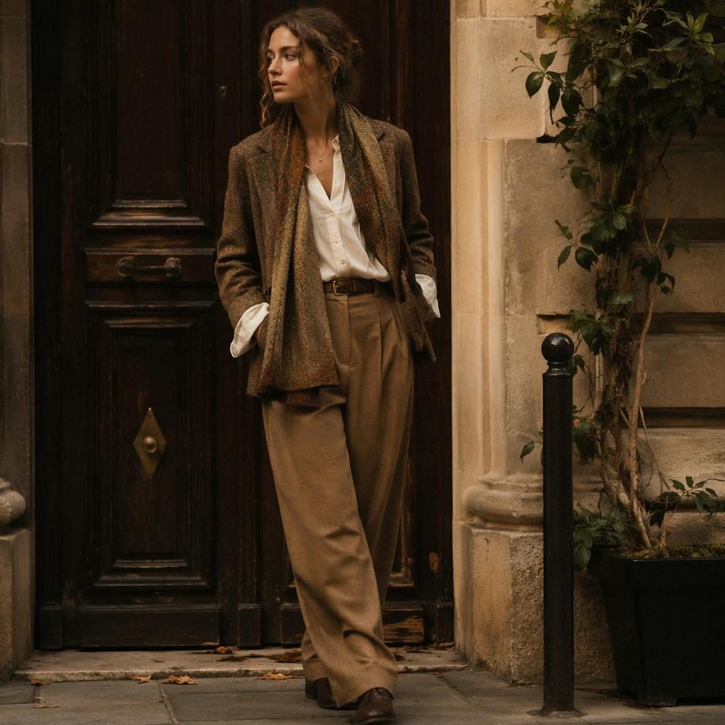 Editorial fashion model in j peterman clothing on a city street, dark academia style, warm earth tones, soft dreamy light