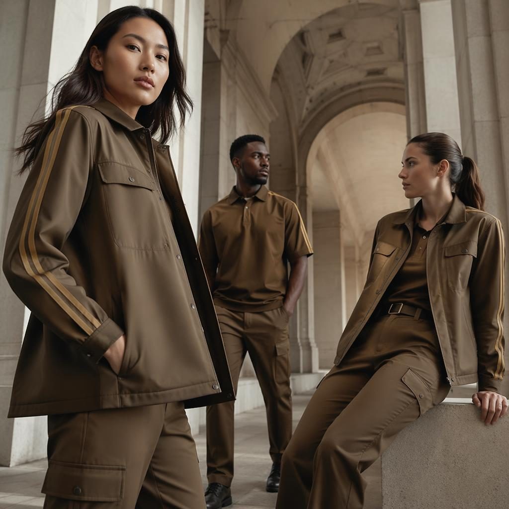 Editorial fashion model in a UPS-inspired outfit at an architectural building, soft dreamy light, muted neutral palette.