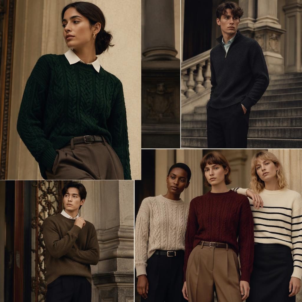 Model in a sweater outfit posing in an architectural building, styled in a dark academia look with bold lighting.