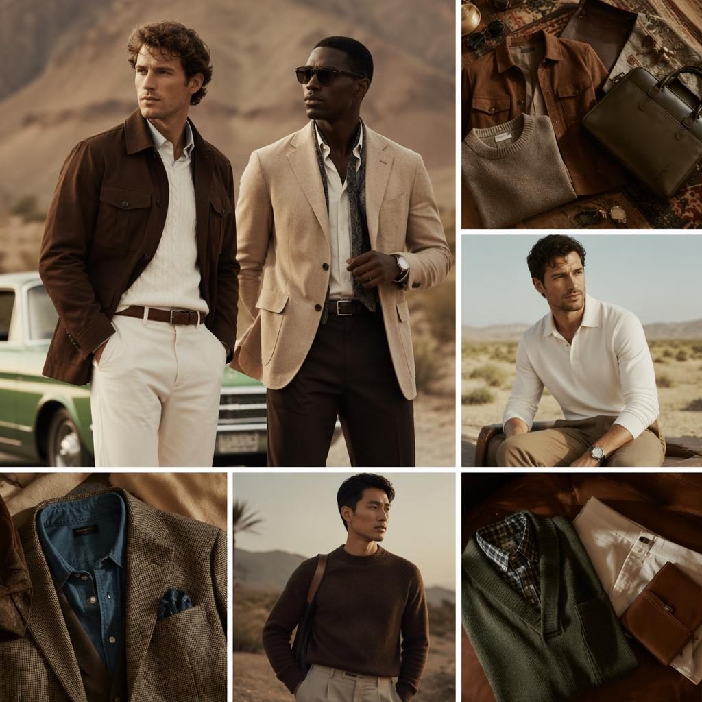 Male model in dark academia-inspired outfit posed in a desert with warm earth tones and luxury editorial lighting.