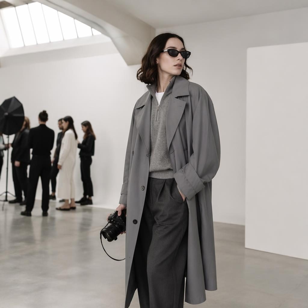 Model im streetstyle fotografen Outfit in minimalistischem weißem Raum, futuristische Mode, kühle Grautöne, lockere Pose