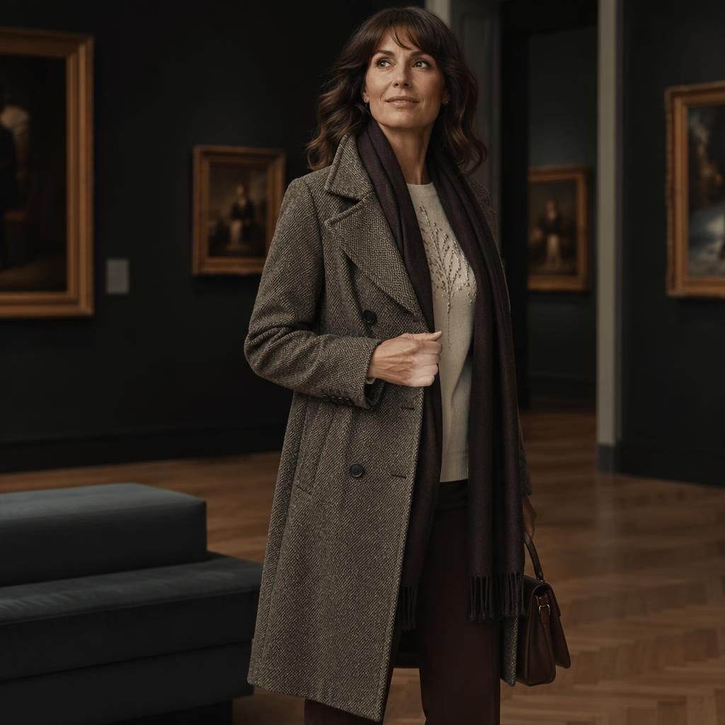 Modèle en tenue afibel catalogue automne hiver dans une galerie d’art, lumière tamisée, palette neutre et ambiance dark academia.
