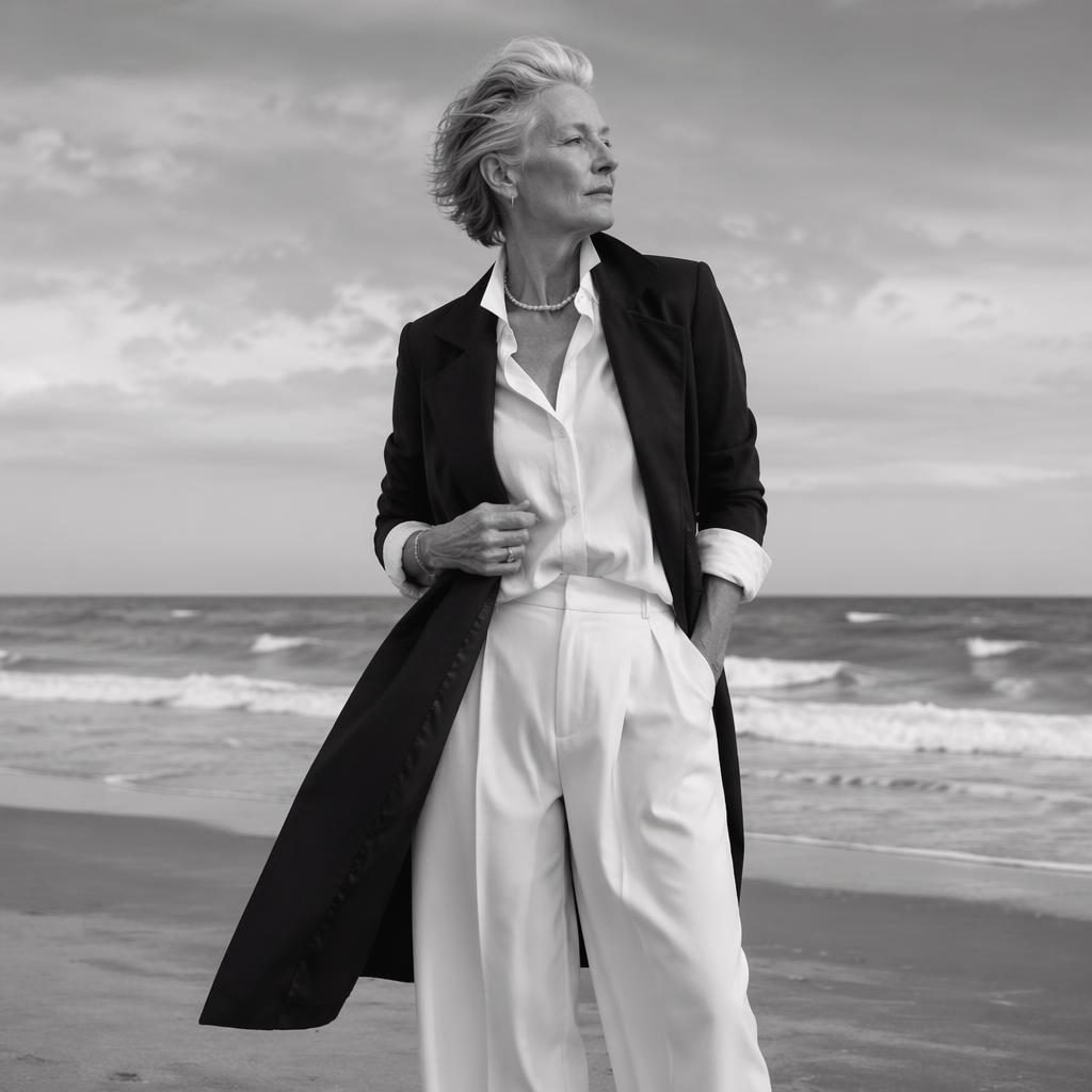 Black and white editorial fashion portrait of a model on a beach in a coastal grandmother-inspired outfit, bold natural pose.