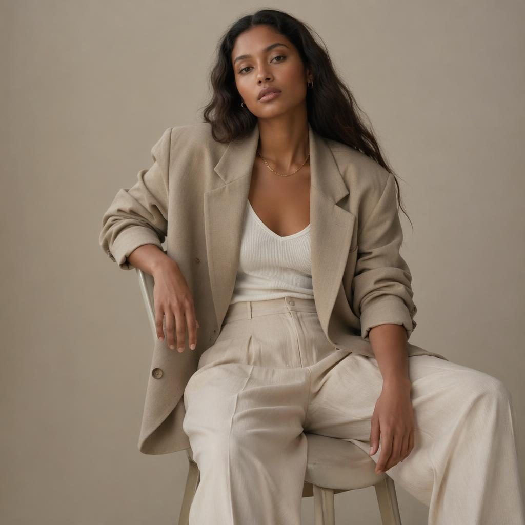 Editorial-Modefoto eines Models in neutralem Studio mit minimalistischer Styling-Ästhetik und ruhiger, intimer Stimmung.
