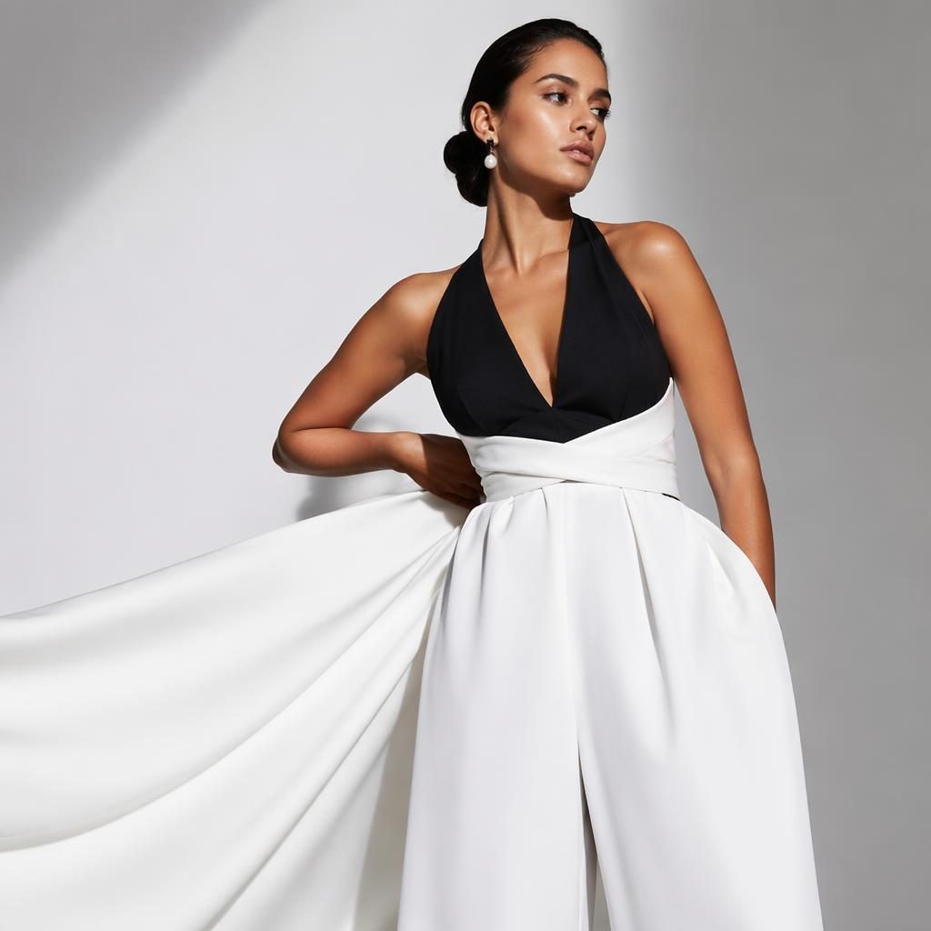 Editorial fashion model in a minimalist white studio with a bold high-contrast runway look and cool confident pose
